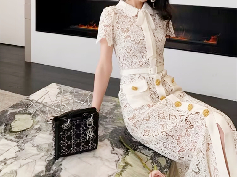 Casual Dresses Flower Hollow Women's Lace Midi Dress Single Chest Metal Button Peter Pan Neck Lace Up Women's Party Dress 230408