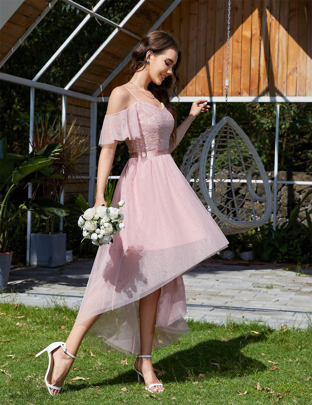 Long Prom Dresses Princess Hi-Lo Sequins Spaghetti Strap Off-the-Shoulder Sweetheart Tulle A-Line Plus Size Formal Occasion Evening Party Gown P06