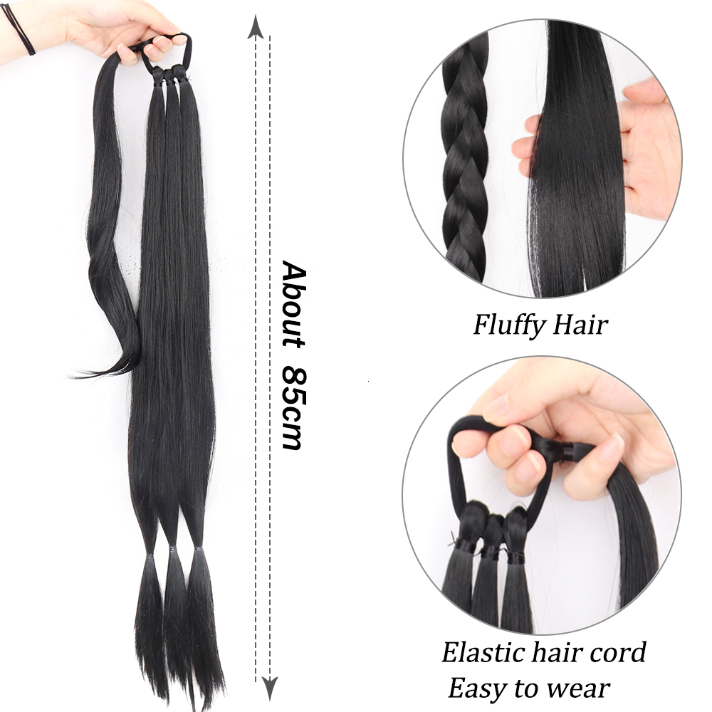 Ponytails Long Straight Braided Ponytail Wrap Around Hair Extensions DIY 85cm Natural Black Blonde Braid Synthetic Hairpieces For Women 230407