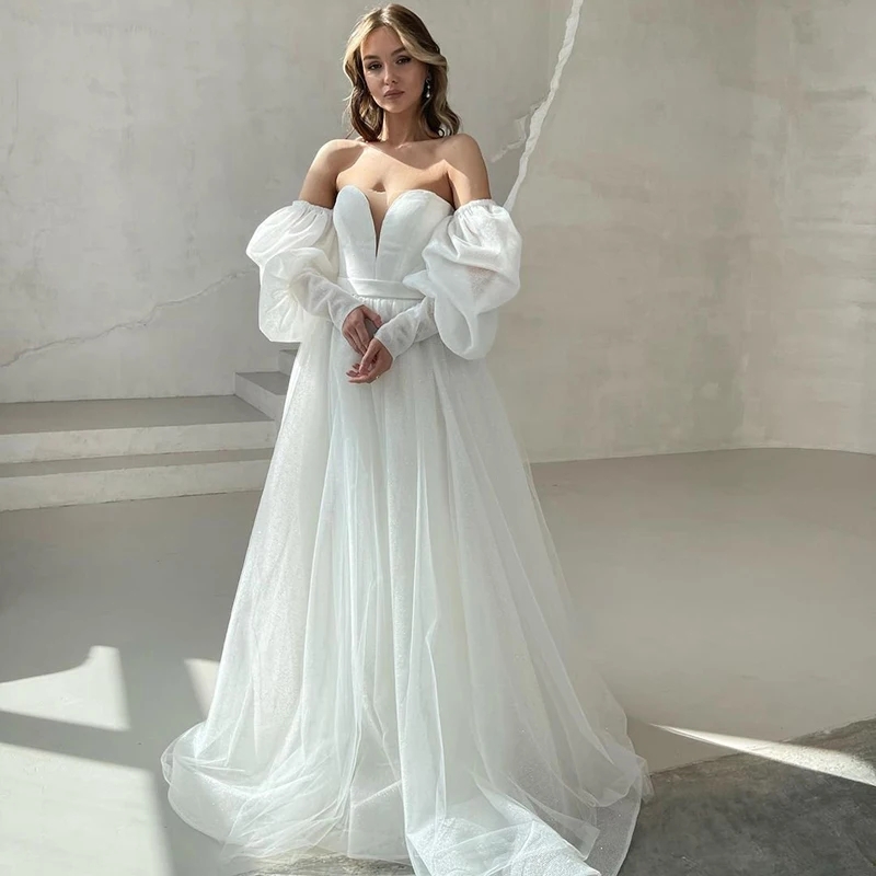 Modest Top Sequined Wedding Dress 2024 Sweetheart Puff Sleeve Boho A-Line Tulle Princess Bridal Party Gown Vestido De Novia New