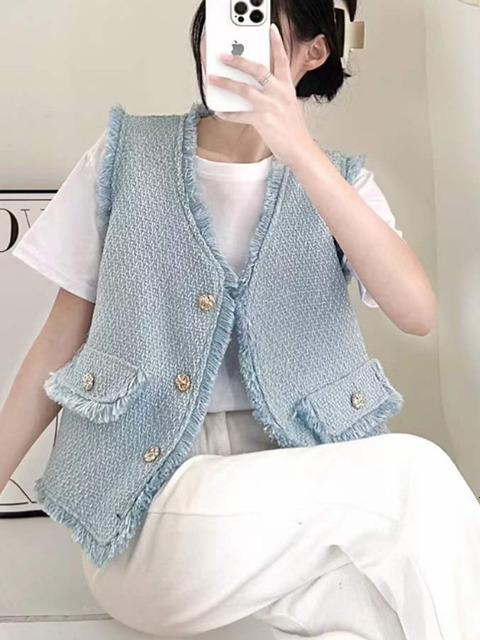 Women's Vests HMA vintage tweed tassel sleeveless coat women's single chest V-neck vest sweet loose jacket casual classic vest 230408