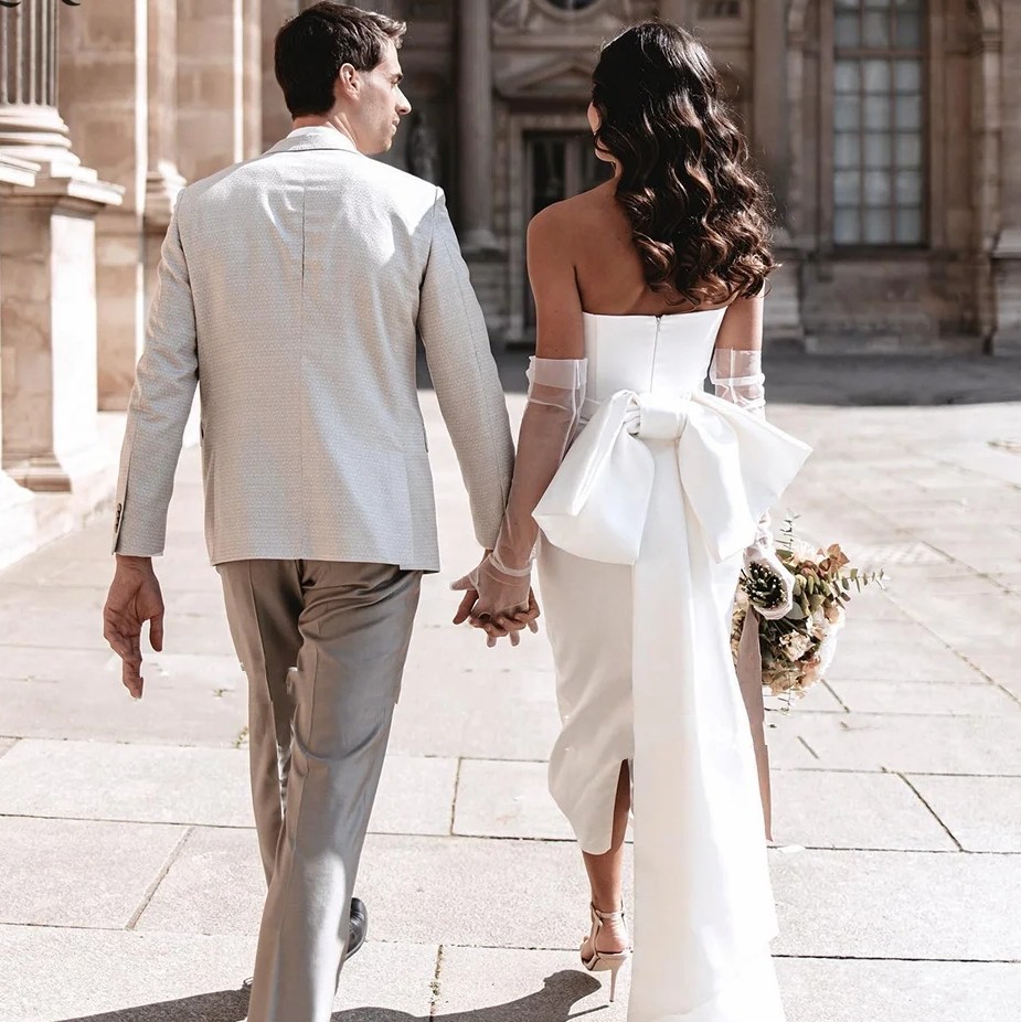 Simple Silt Wedding Dress 2024 Bow Ribbons Bodycon Satin Strapless Tea Length Bridal Party Gowns Women Vestidos De Novia