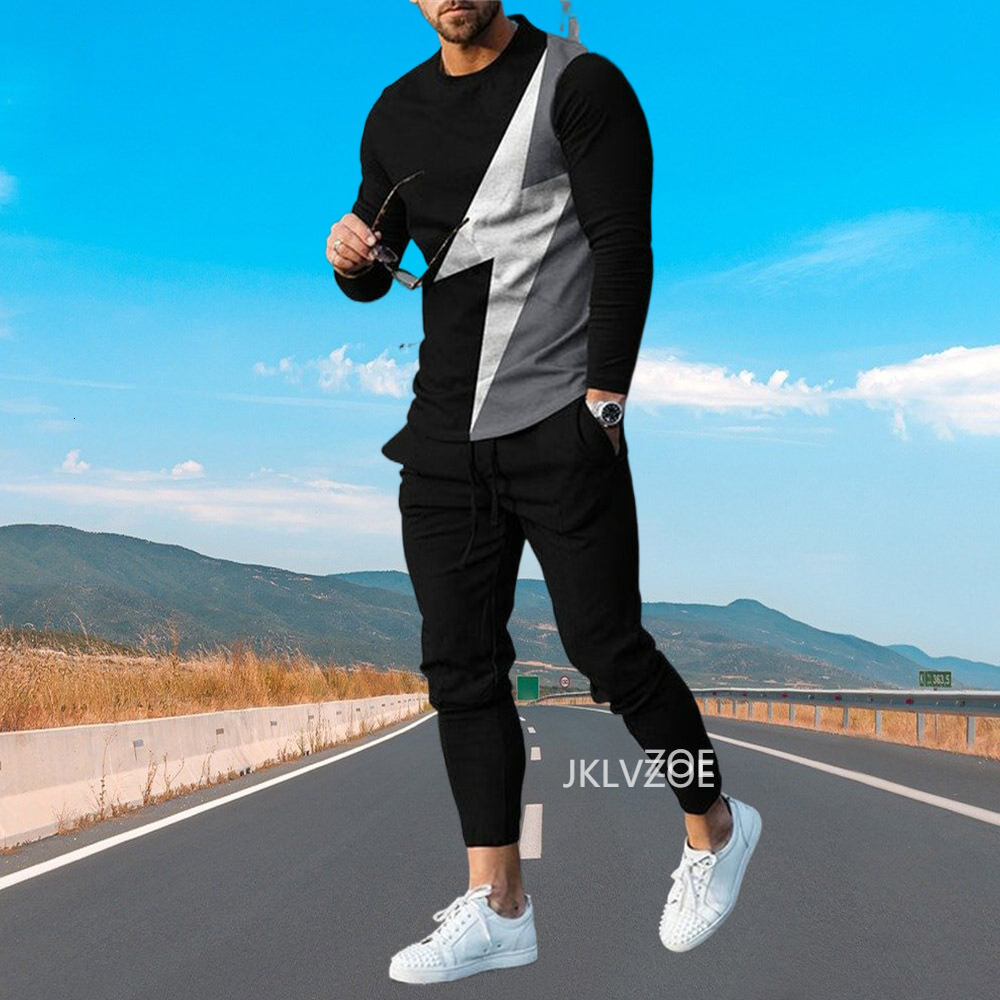 Men's Tracksuits Long sleeved 2-piece men's casual sports pants set 3D printed color sweatshirt O-neck street set autumn fashion clothing 23