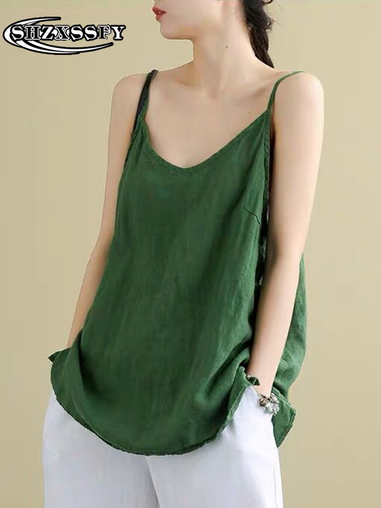 Camisoles Tanks Women's Tops Spaghetti Strap Camis Cotton Linen V Neck Loose Tank Tops Sleeveless Linens Loose Casual Women Summer Camisole 23042