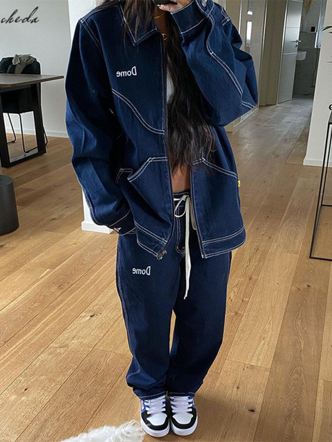 Women s Two Piece Pants Macheda Autumn y2k Jeans Cowboy Fashion Denim Steetwear In Casual Female Trousers Clothing 230407