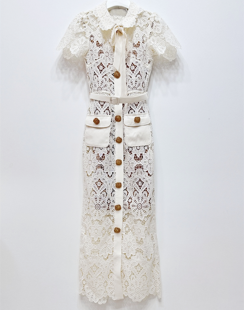 Casual Dresses Flower Hollow Women's Lace Midi Dress Single Chest Metal Button Peter Pan Neck Lace Up Women's Party Dress 230408