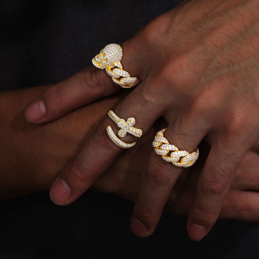 Bg Hip Hop Jewelry 9mm Gold Plated Sterg Sier Vvs Moissanite Dia Iced Out Cuban Band Ring for Men Free shipping