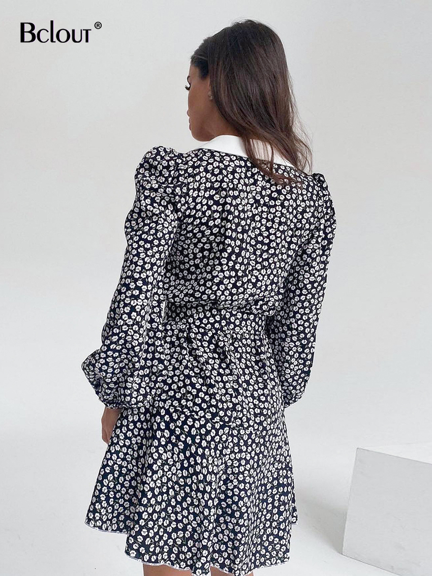 Casual Dresses Bclout Summer Print Dress Women's Elegant Peter Pan Neck Belt Fluffy Sleeve Dress Fashion Party A-Line Sexy Mini Dress Retro 23040
