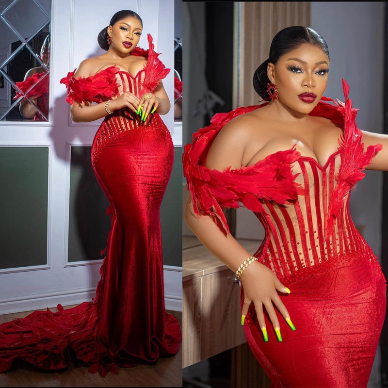 Red Plus Size Aso Ebi Feather Prom Dresses urious Corset Evening Dress Beaded Second Reception Robe de Gala Gowns Party Gown Arabic Mermaid reception 