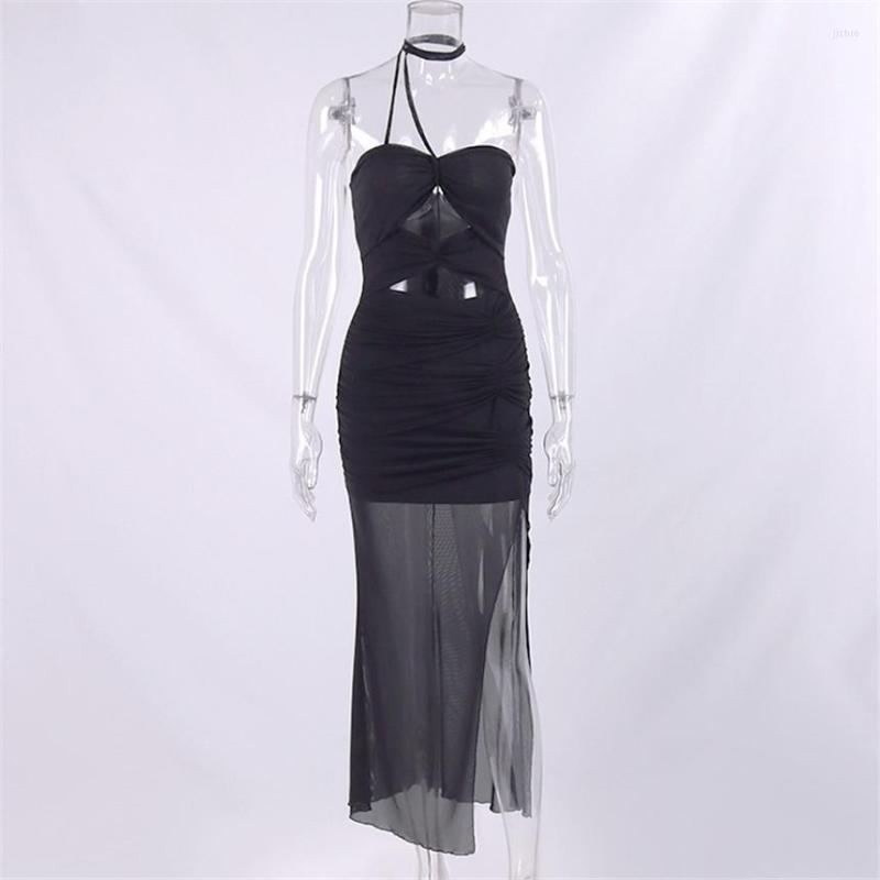 Casual Dresses Summer Sexy Strapless Mesh Women Dress Black High Slit Hollow Out Ruched Mid Woman 2023 Elegant Party Club Vestidos