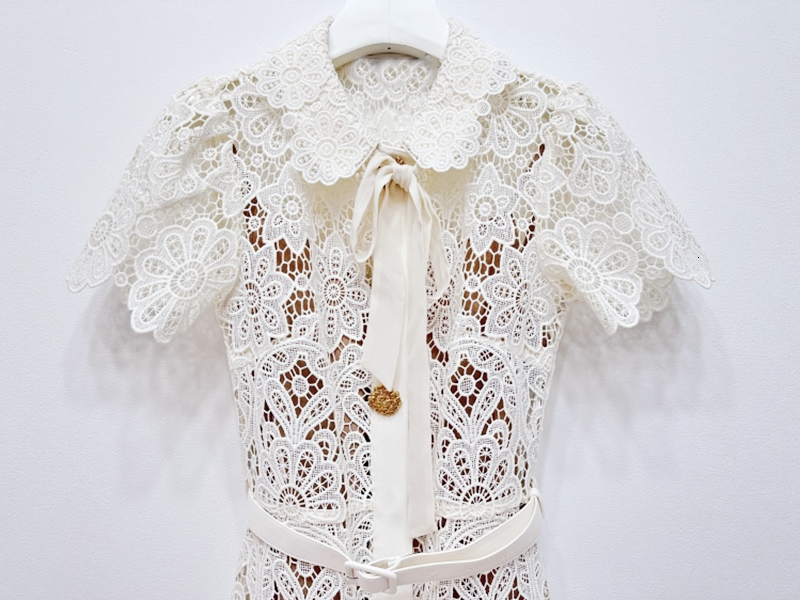 Casual Dresses Flower Hollow Women's Lace Midi Dress Single Chest Metal Button Peter Pan Neck Lace Up Women's Party Dress 230408