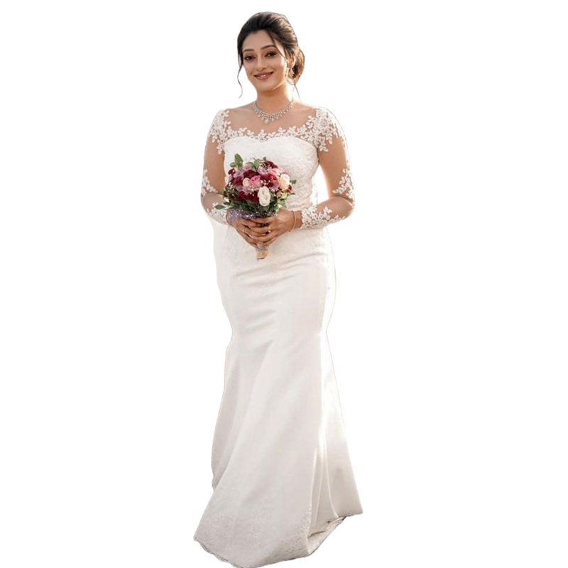 Modern Long Sleeves Mermaid Wedding Dresses Lace Appliques Sheer Crew Neck Elegant Satin Bridal Gowns 2024 Spring Bride Dress