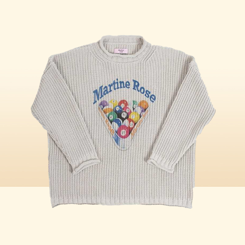 Men039s Sweaters Off shoulder Martine rose thick needle crimped knit Pullover OS style billiard printed sweater