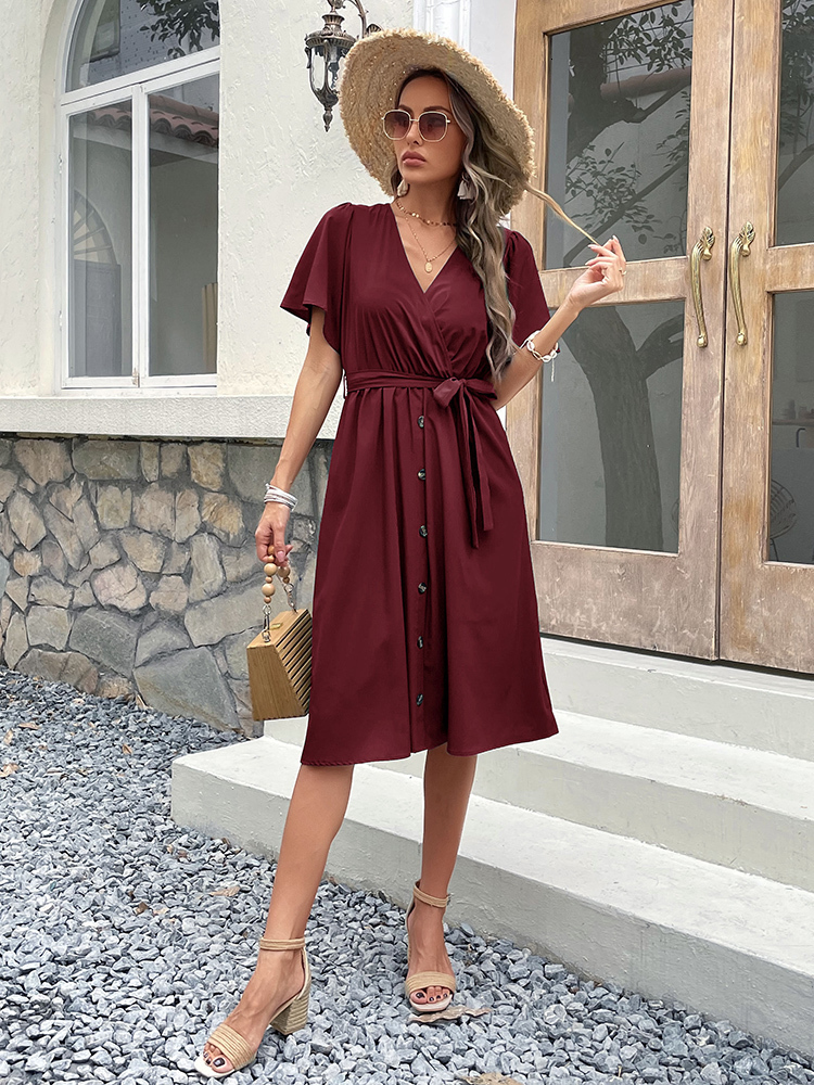 Casual Dresses JIM NORA Women's Summer Elegant V-neck Ruffled Midi Dress Short Sleeve Solid Button Casual Green Dress with Fashion 230408