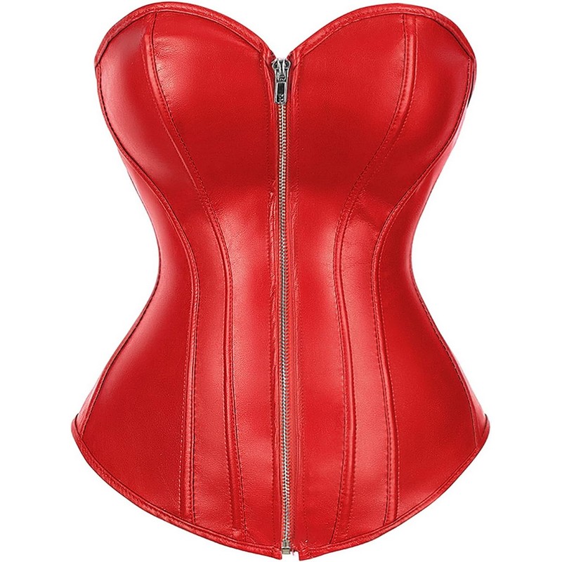 Women's Plus Size Faux Leather V-Neck Sexy Overbust Corset Bustier XS-6XL Zip-up Front Clubwear Steampunk Style Lingerie Black Red