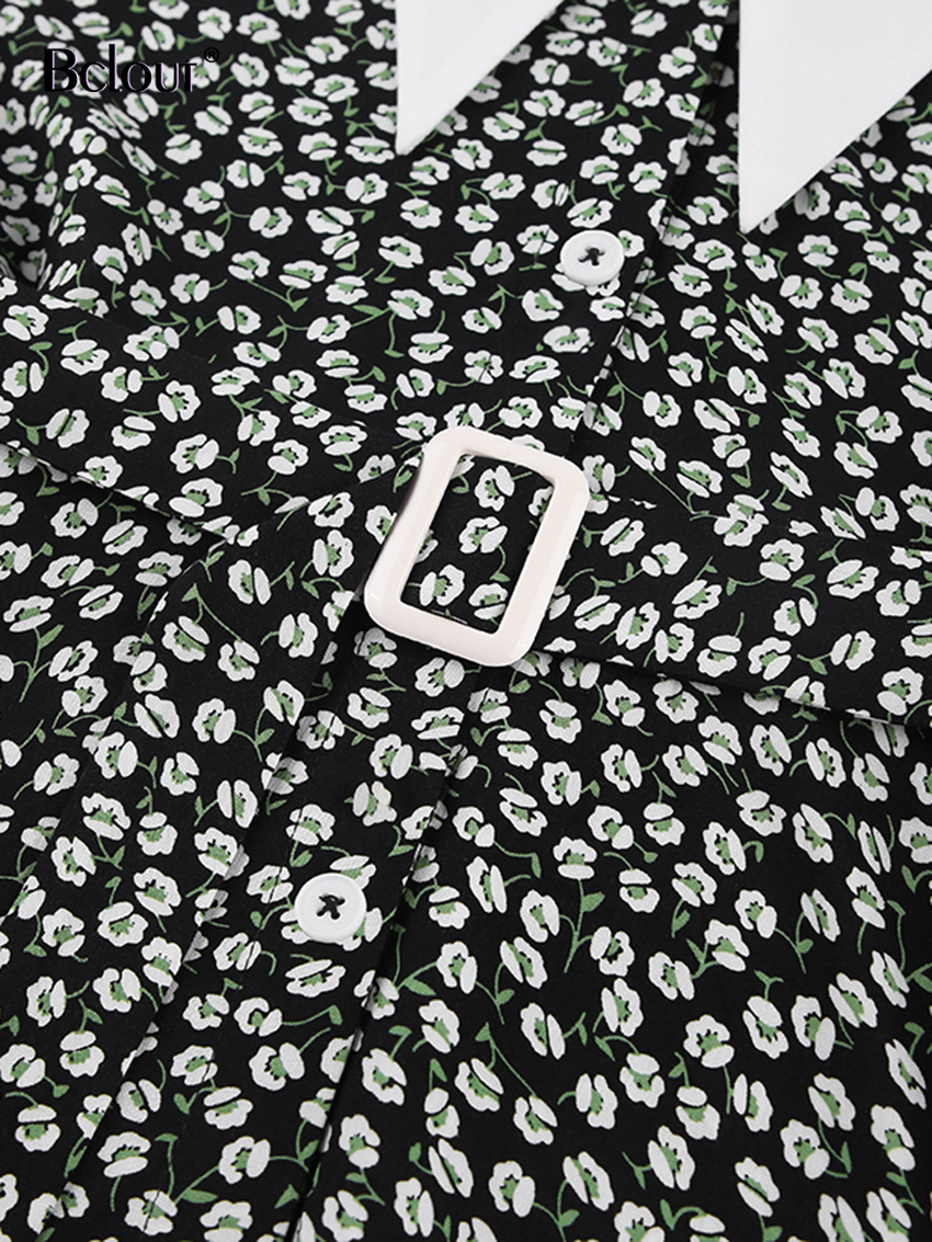 Casual Dresses Bclout Summer Print Dress Women's Elegant Peter Pan Neck Belt Fluffy Sleeve Dress Fashion Party A-Line Sexy Mini Dress Retro 23040