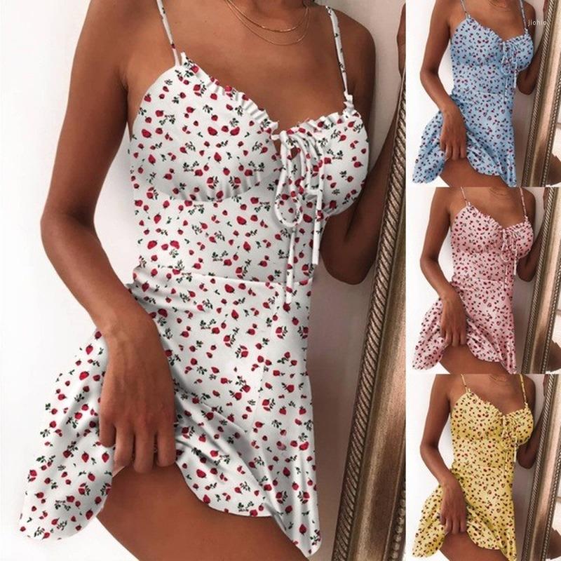 Casual Dresses 2023 Summer Strawberry Print Sweet Sling Dress For Women Fashion V-neck Lace-up Spaghetti Strap Boho Party Daily Sundresses