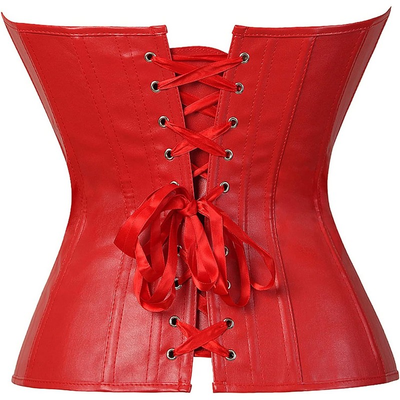 Women's Plus Size Faux Leather V-Neck Sexy Overbust Corset Bustier XS-6XL Zip-up Front Clubwear Steampunk Style Lingerie Black Red