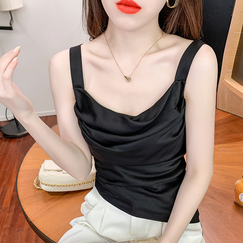 Camisoles Tanks Summer Silk Women Tops Camis Sexy Halter Top Woman Sleeveless Solid Folds Tank Tops Female V-neck Camisole Basic White Vest 230413