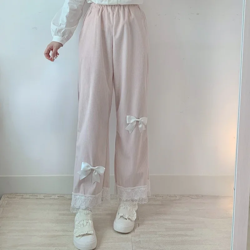 Y2k Lolita Cute High Waist Corduroy Straight Wide Leg Pants Young Women Casual Kawaii Sweet Bow Lace Relaxed Pants Girly Clothes Loose Trouser