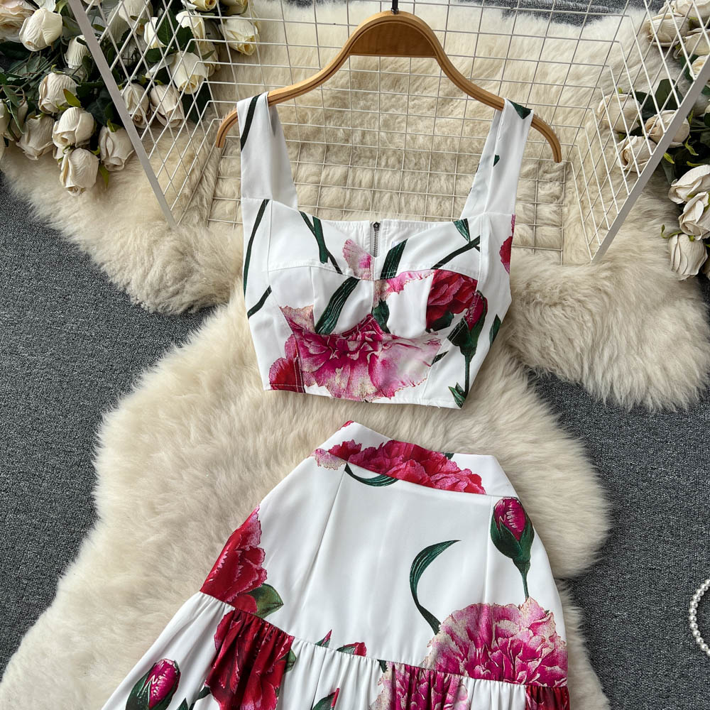 Two Piece Dress Summer Runway Sicily Floral Matching Outfits Womens Short Spaghetti Strap Crop Top Long Maxi Vacation Skirt 2 Piece Set 2023