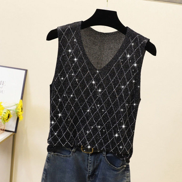 Camisoles Tanks Sexy Shiny Knitted Top Summer V-neck Diamonds Tank Top Women Slim Top Female Bling Sleeveless T-shirt Vest Camis 230413