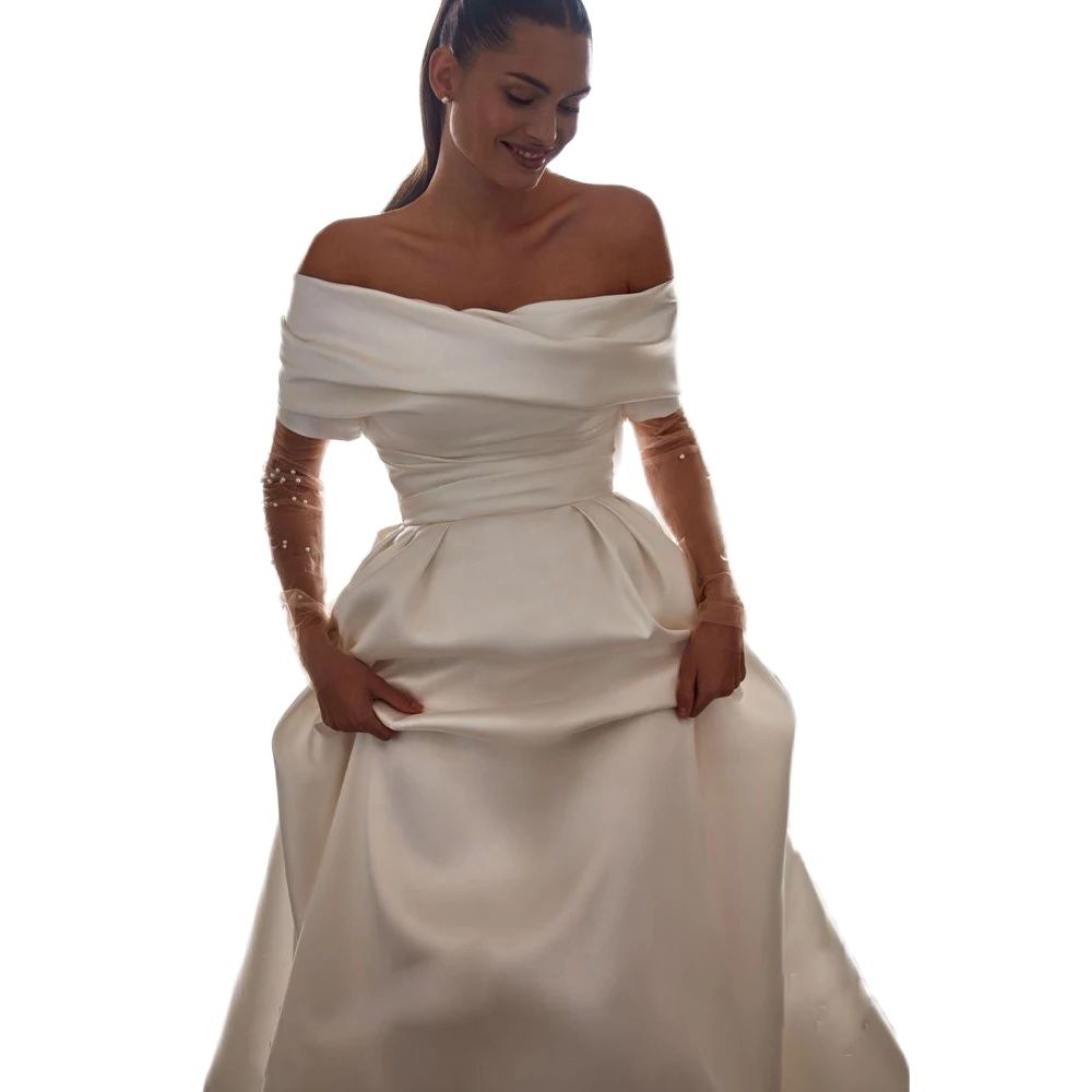 Off the Shoulder A-Line Wedding Dress 2024 Long Sleeve Pearl Princess Bride Gown Plus Size Party Vestido De Novia