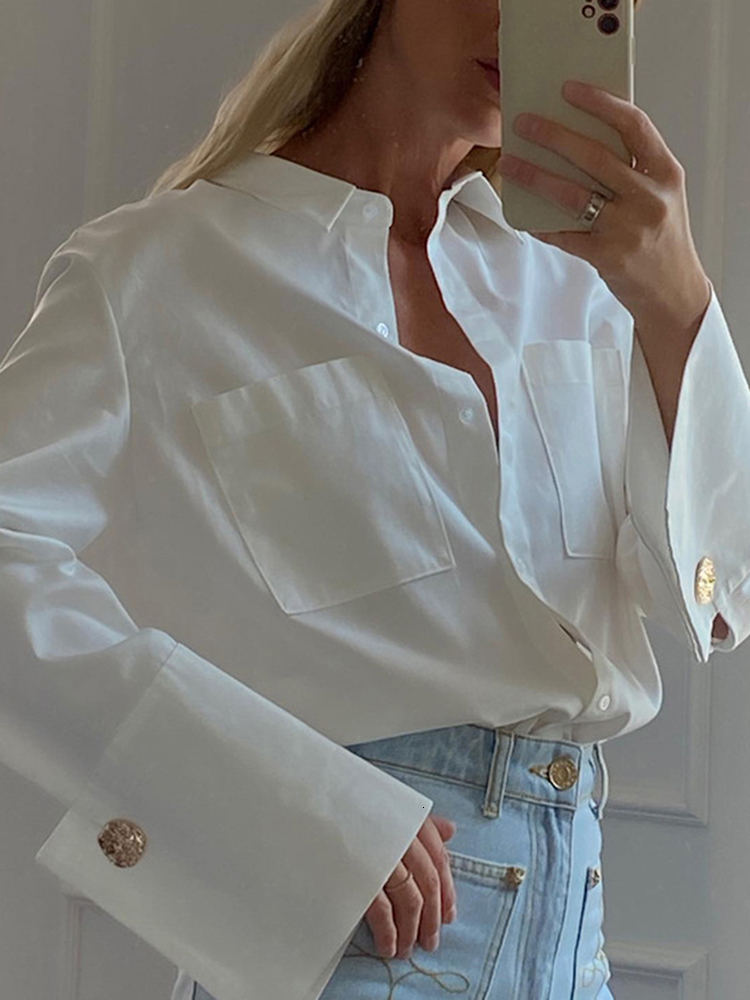 Women s Blouses Shirts Jyate Fashion Woman 2023 Elegant Lapel Long Sleeve Office Lady Casual Loose White Pockets Tops Female Clothing 230407