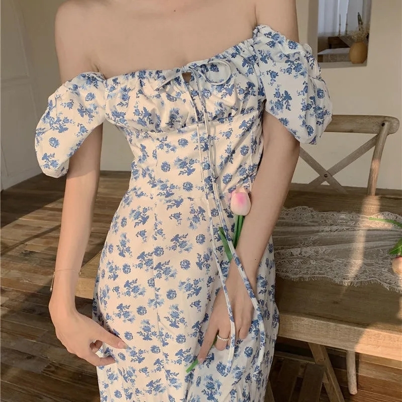 Casual Dresses French Style Small Print Dress Women's Puff Sleeves Ultra Thin Classic Dress A-line Split Dress Sexy Retro Birthday Party Summer 2