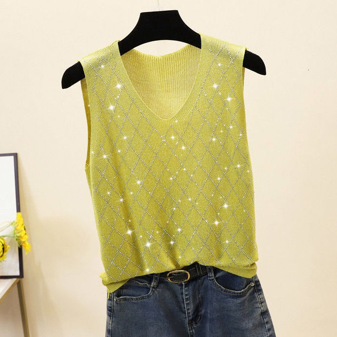 Camisoles Tanks Sexy Shiny Knitted Top Summer V-neck Diamonds Tank Top Women Slim Top Female Bling Sleeveless T-shirt Vest Camis 230413