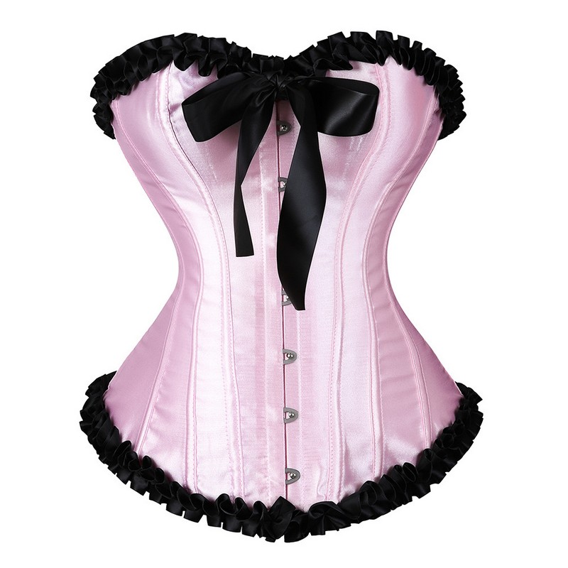 Women Ruffle Trim Satin Overbust Corset with Self-tie Bow XS-3XL Fashion Showgirl Clubwear Shaper Multi-colors Christmas Outfit