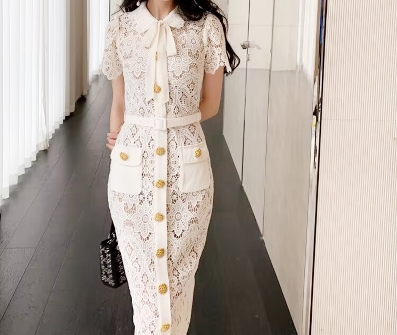 Casual Dresses Flower Hollow Women's Lace Midi Dress Single Chest Metal Button Peter Pan Neck Lace Up Women's Party Dress 230408