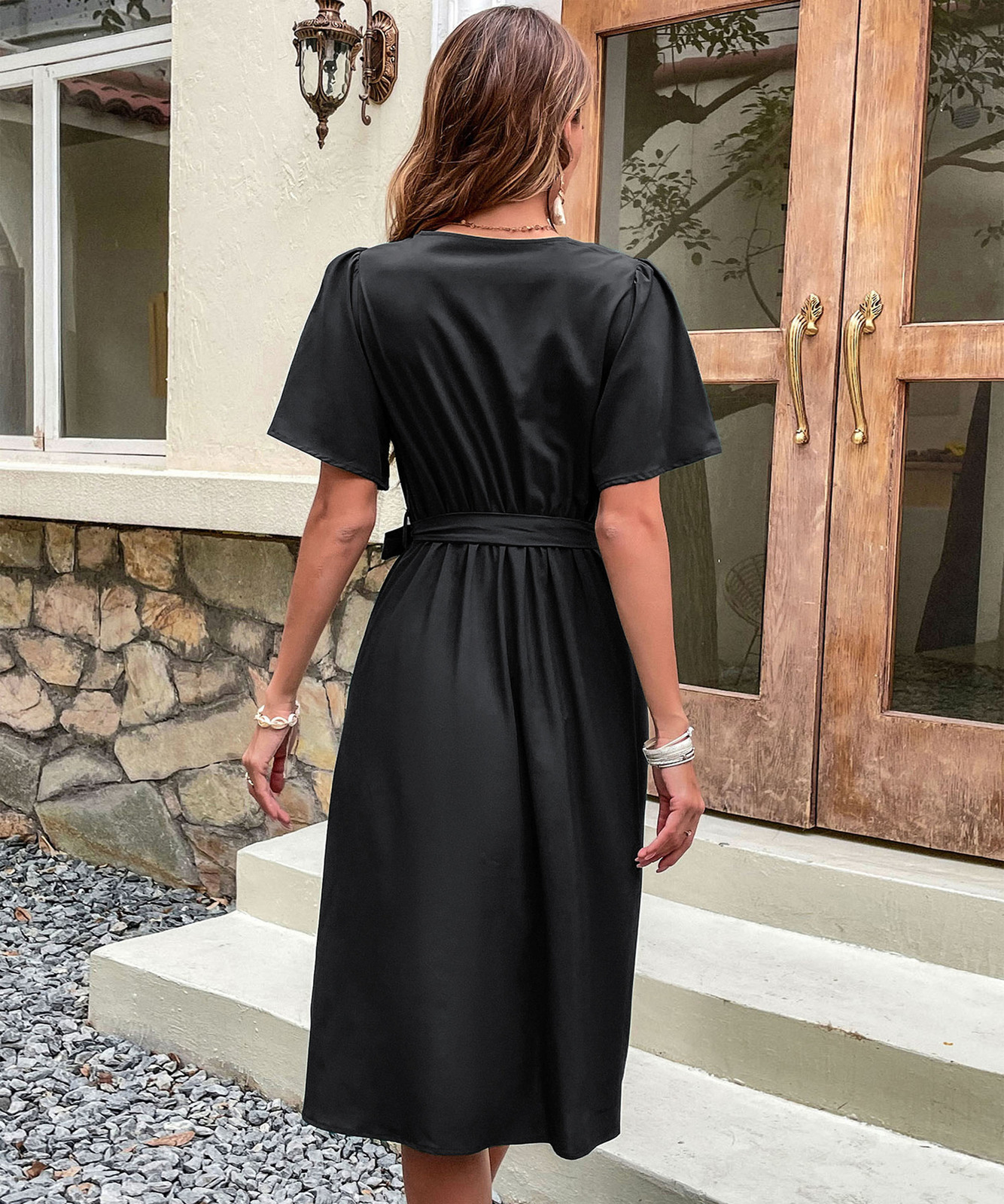 Casual Dresses JIM NORA Women's Summer Elegant V-neck Ruffled Midi Dress Short Sleeve Solid Button Casual Green Dress with Fashion 230408