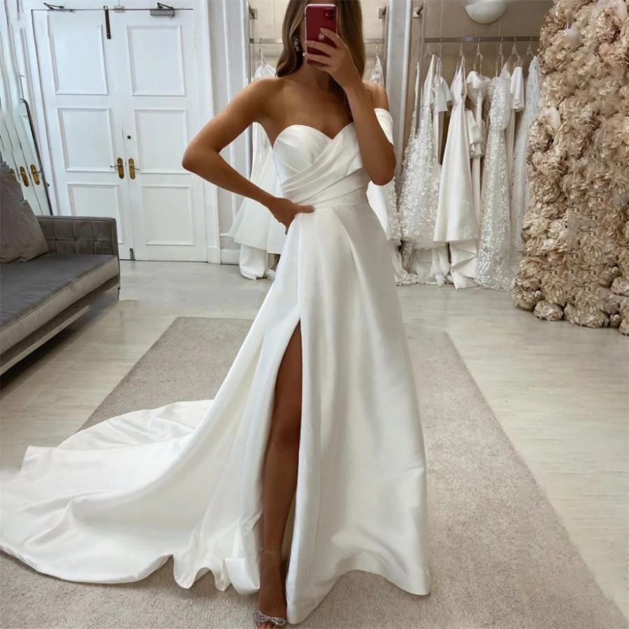 2025 New Wedding Dress One Shoulder Pleated Side Slit Satin A-Line Bridal Formal Gowns Princess Women Vestidos De Novia