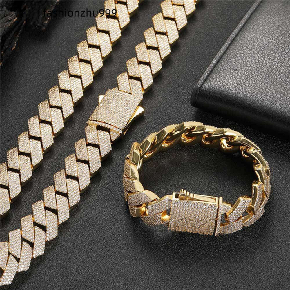 necklace moissanite chain 19mm Wide Iced Out Chains Stone Gold Plated Miami Cuban Link Chain Necklace Bracelet Mens Hip hop Jewelry gift