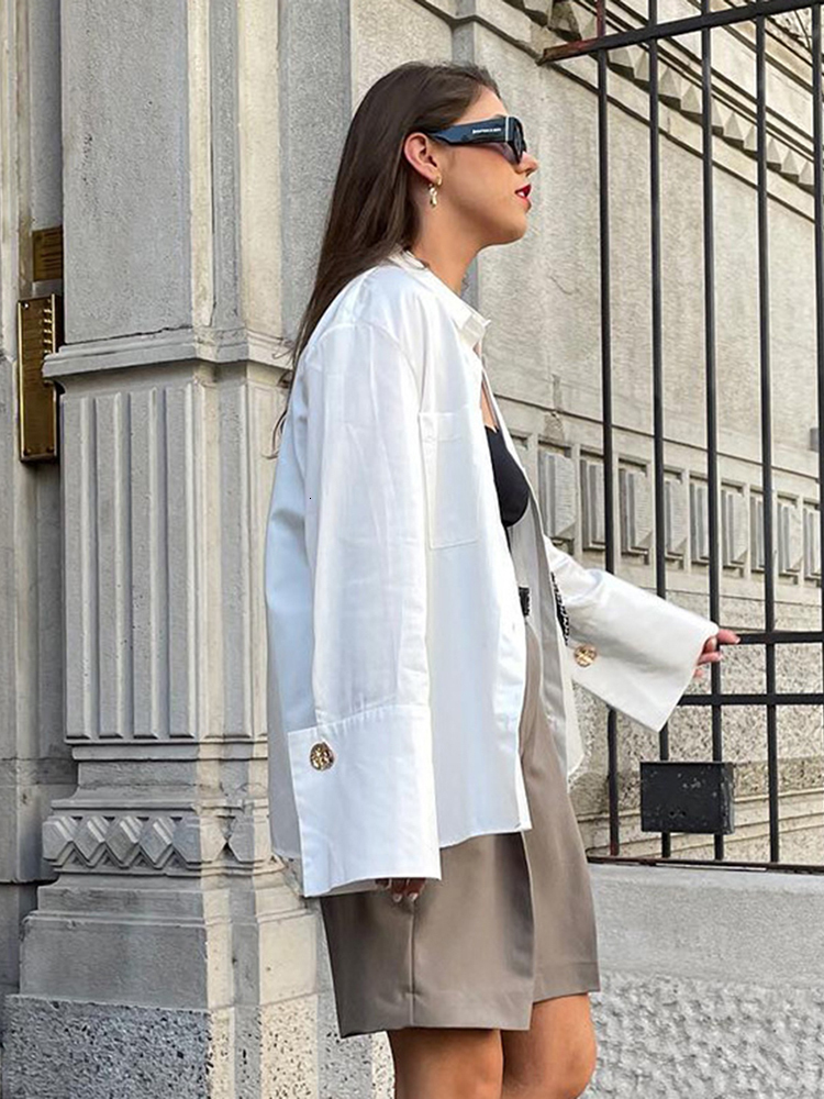 Women s Blouses Shirts Jyate Fashion Woman 2023 Elegant Lapel Long Sleeve Office Lady Casual Loose White Pockets Tops Female Clothing 230407