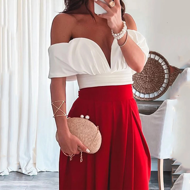 Women s Two Piece Pants Wefad Set Fashion Strapless V Neck Backless Solid Nipped Waist Top Loose Wide Legs Sets High Streetwear 230407