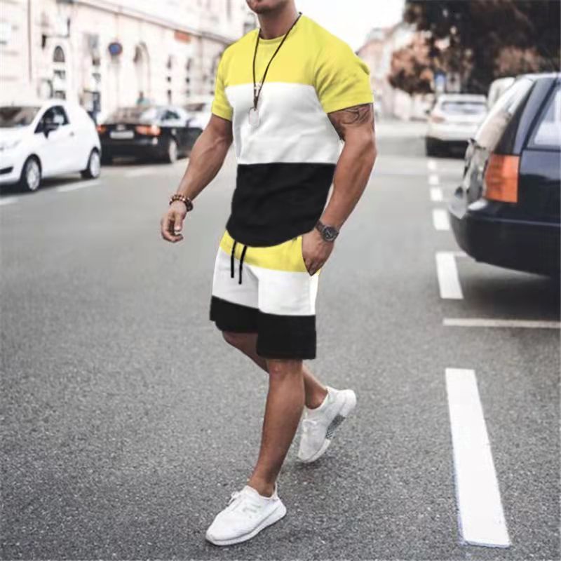Men's Tracksuits Men's summer patch work track set men's casual short sleeved T-shirtshorts 2-piece men's sportswear 230408