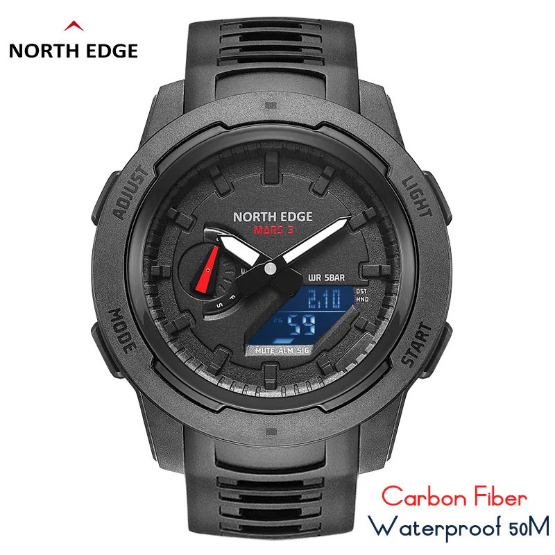 Wristwatches NORTH EDGE Mars 3 Men's Military Watch Digital Carbon Fiber Case For Man Waterproof 50M Sports Watches World Time LED Wristwatch 231