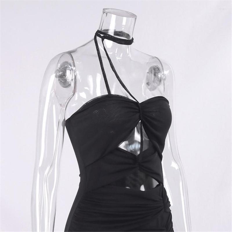Casual Dresses Summer Sexy Strapless Mesh Women Dress Black High Slit Hollow Out Ruched Mid Woman 2023 Elegant Party Club Vestidos