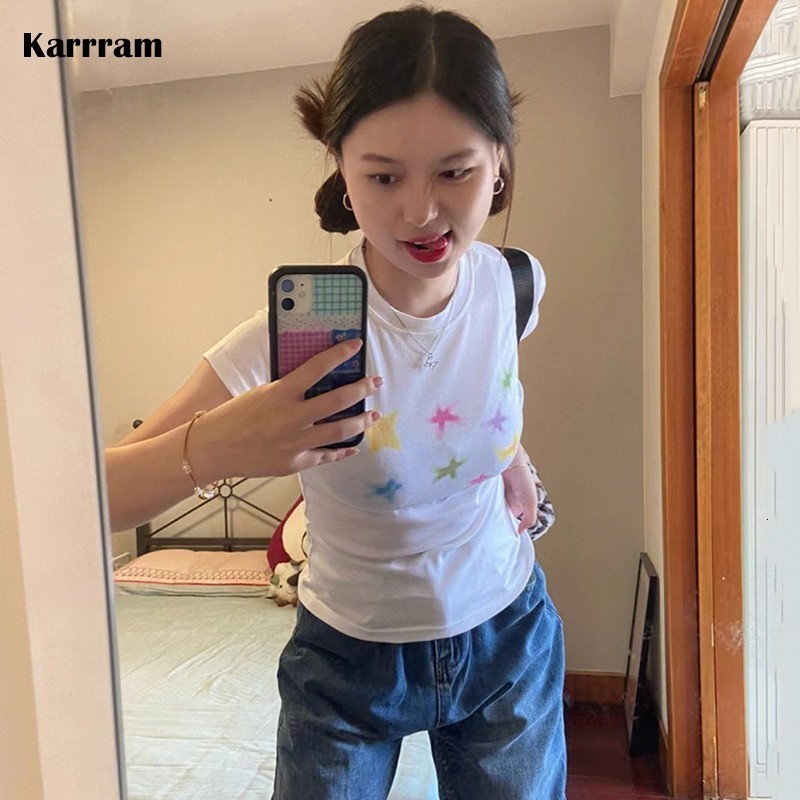 Women s T Shirt Karrram Japanese Kawaii T shirt 00s Harajuku White Tee Shirt Fairycore Y2k Tops Cute Star Print Short Sleeve Tshirt E girl 2000s 23040