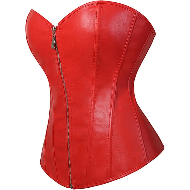 Women's Plus Size Faux Leather V-Neck Sexy Overbust Corset Bustier XS-6XL Zip-up Front Clubwear Steampunk Style Lingerie Black Red