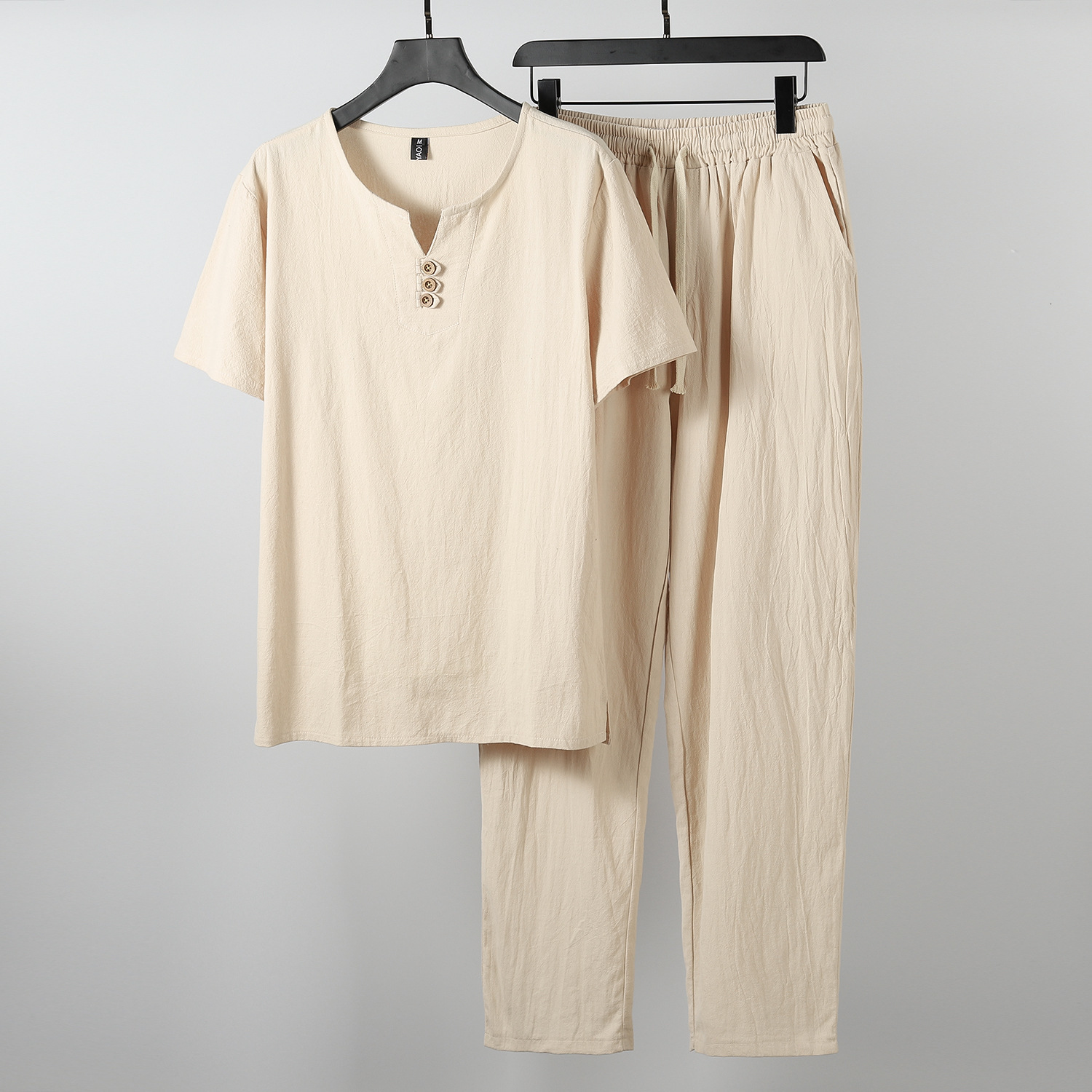 Men's Tracksuits Large men's retro Tracksuit Husband Summer White Home Set Linen T-shirt Fashion Men's Set China 8XL 9XL 230408