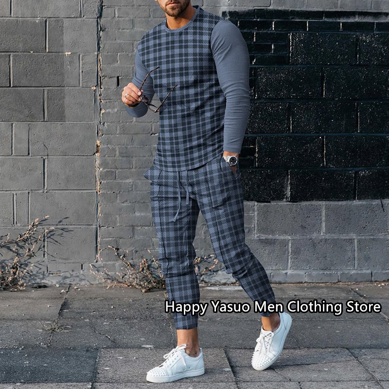 Men's Tracksuits Men's long sleeved T-shirtpants 2PCS set plain 3D printing set men's sportswear jogging set fashion men's clothin