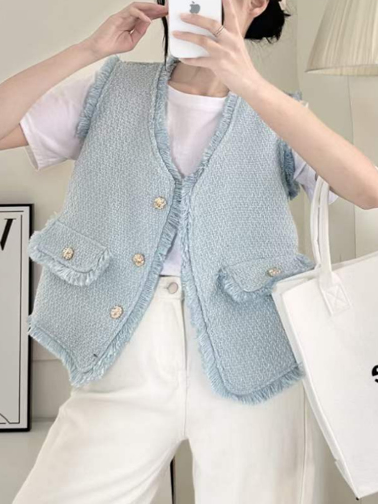Women's Vests HMA vintage tweed tassel sleeveless coat women's single chest V-neck vest sweet loose jacket casual classic vest 230408