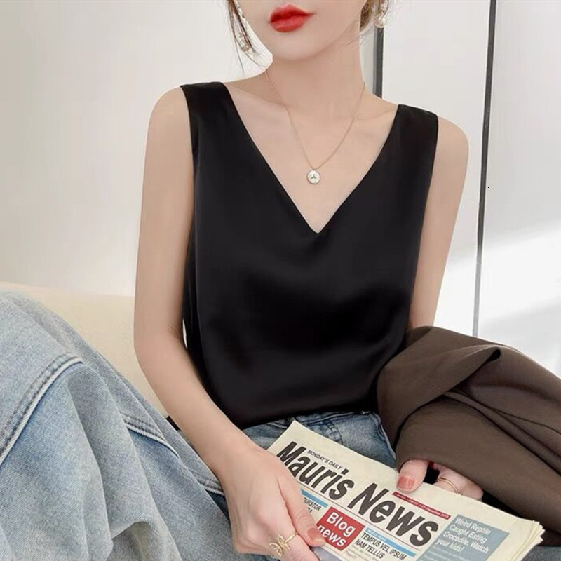Camisoles Tanks Acetate Satin Camisol Women's V-neck Silk Satin Tank Top Elegant Wild Avocado Green White Black Can Women's Crop Top 230408
