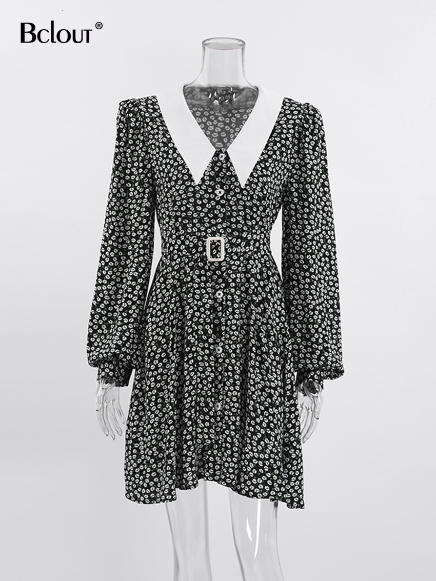 Casual Dresses Bclout Summer Print Dress Women's Elegant Peter Pan Neck Belt Fluffy Sleeve Dress Fashion Party A-Line Sexy Mini Dress Retro 23040