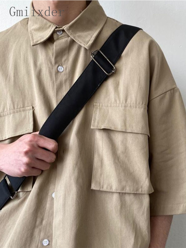 Men's Casual Shirts Safari Gray Shirts Summer Simple Versatile Unisex Casual Blouse Hong Kong Style Big Pocket Short-sleeved Shirts for Men Women