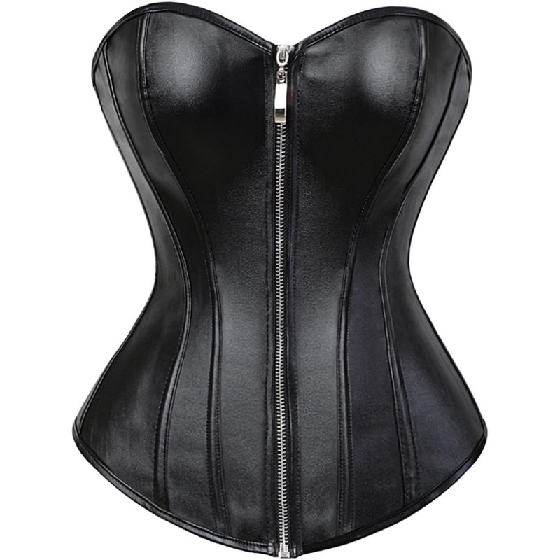 Women's Plus Size Faux Leather V-Neck Sexy Overbust Corset Bustier XS-6XL Zip-up Front Clubwear Steampunk Style Lingerie Black Red