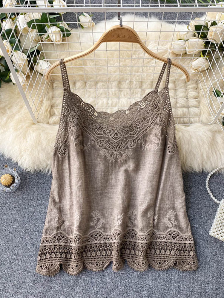 Camisoles Tanks Summer Style Retro Bohemian Embroidery Lace Square Collar Age Reduction All-match Camisole Female Sweet Blouse Women KK520 230426